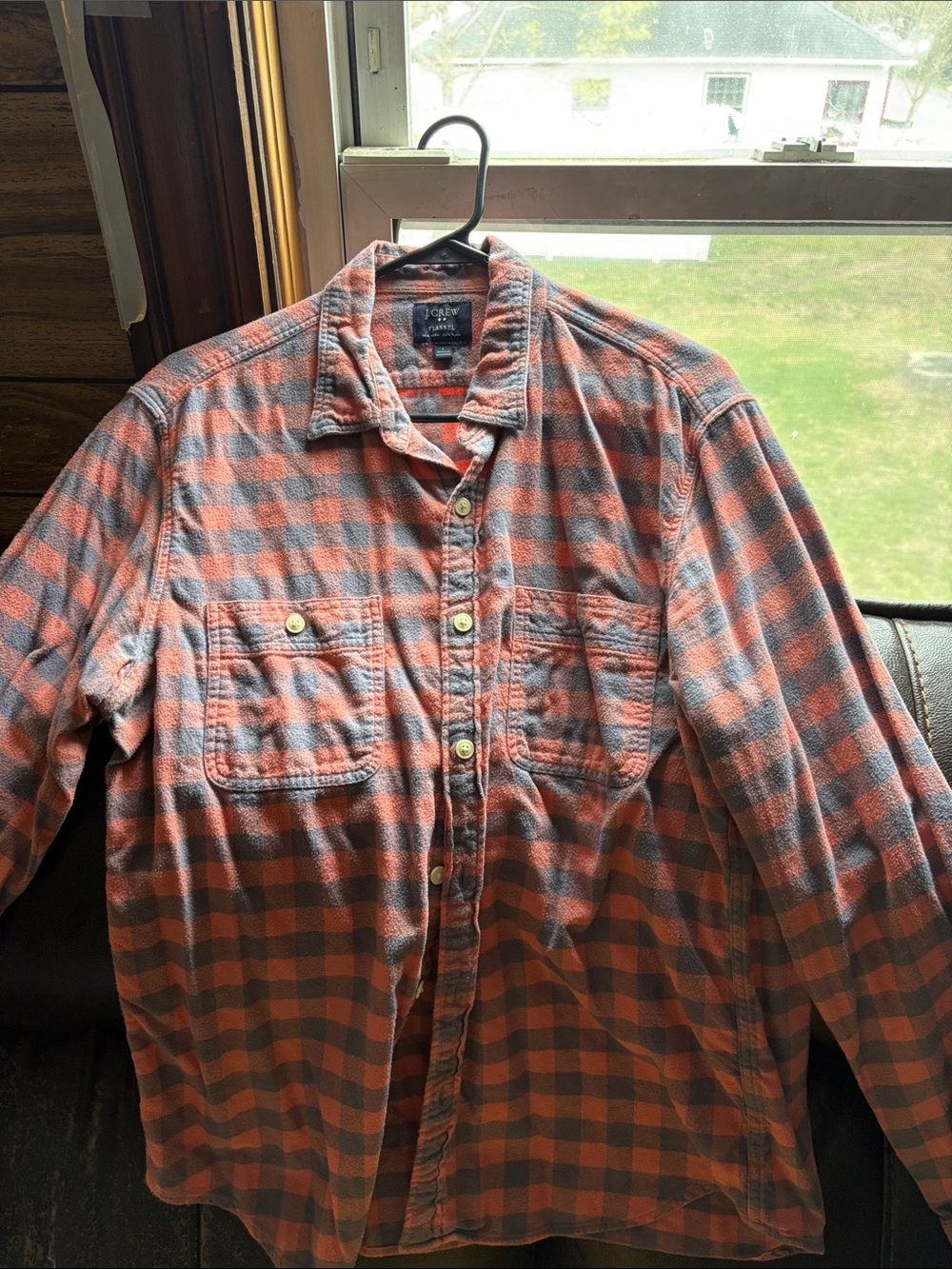 J crew Men's Orange and Gray J crew Plaid Button-Up Flannel Shirt